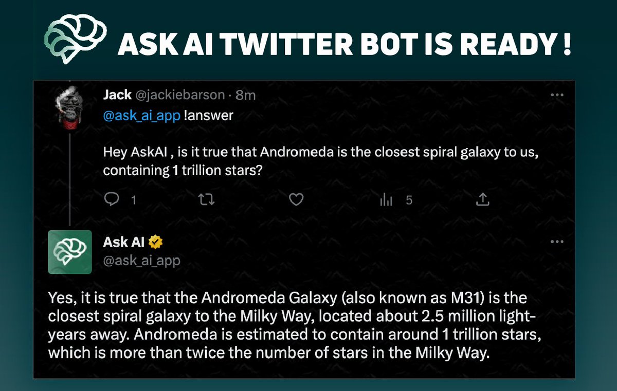 ask_ai_app's tweet photo. OUR TWITTER BOT IS LIVE! 🤖 🧠

Include “@ask_ai_app !answer” while tweeting, and get AI to respond to you.

TRY IT NOW! 👇
@ask_ai_app !answer [your message]