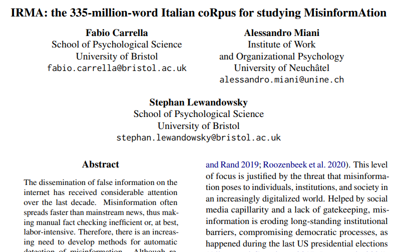 Looking for a new resource for studying misinformation in Italian? Check out IRMA!
Recently presented at #EACL2023, IRMA is a corpus of over 600,000 Italian news articles from untrustworthy sources.