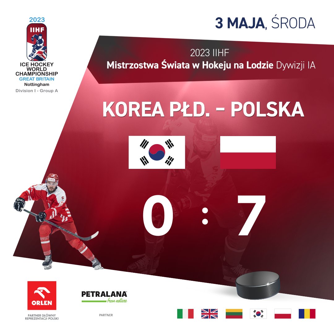 PZHL's tweet photo. Ale nasza drużyna jest mocna💪 W dniu Święta Narodowego Trzeciego Maja, Biało-Czerwoni pokonali Koreę Południową 7:0 i są coraz bliżej awansu do Elity🇵🇱 W piątek na zakończenie turnieju Polacy zmierzą się z Rumunią. Spotkanie rozpocznie się o  13:30. Transmisja @sport_tvppl. https://t.co/OzlItUmeVJ