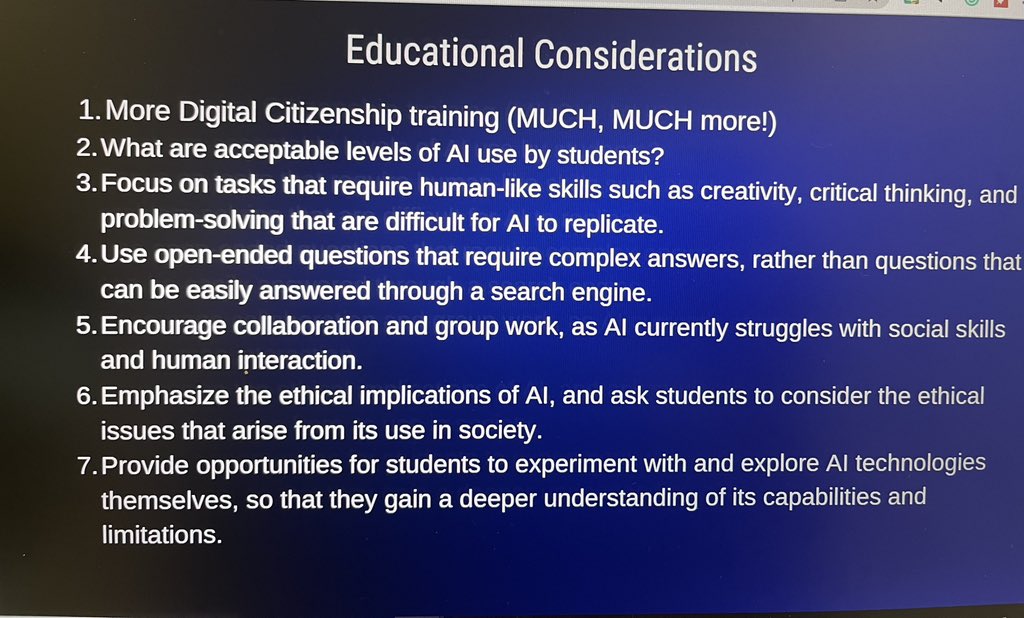 KathrynMBailey's tweet photo. Huge thanks to @vcuberoWNC for challenging our thinking and sharing about #AIinEducation #PromptEngineering #PotentialOfAI
 #TCSYes https://t.co/FHGrnmauCv