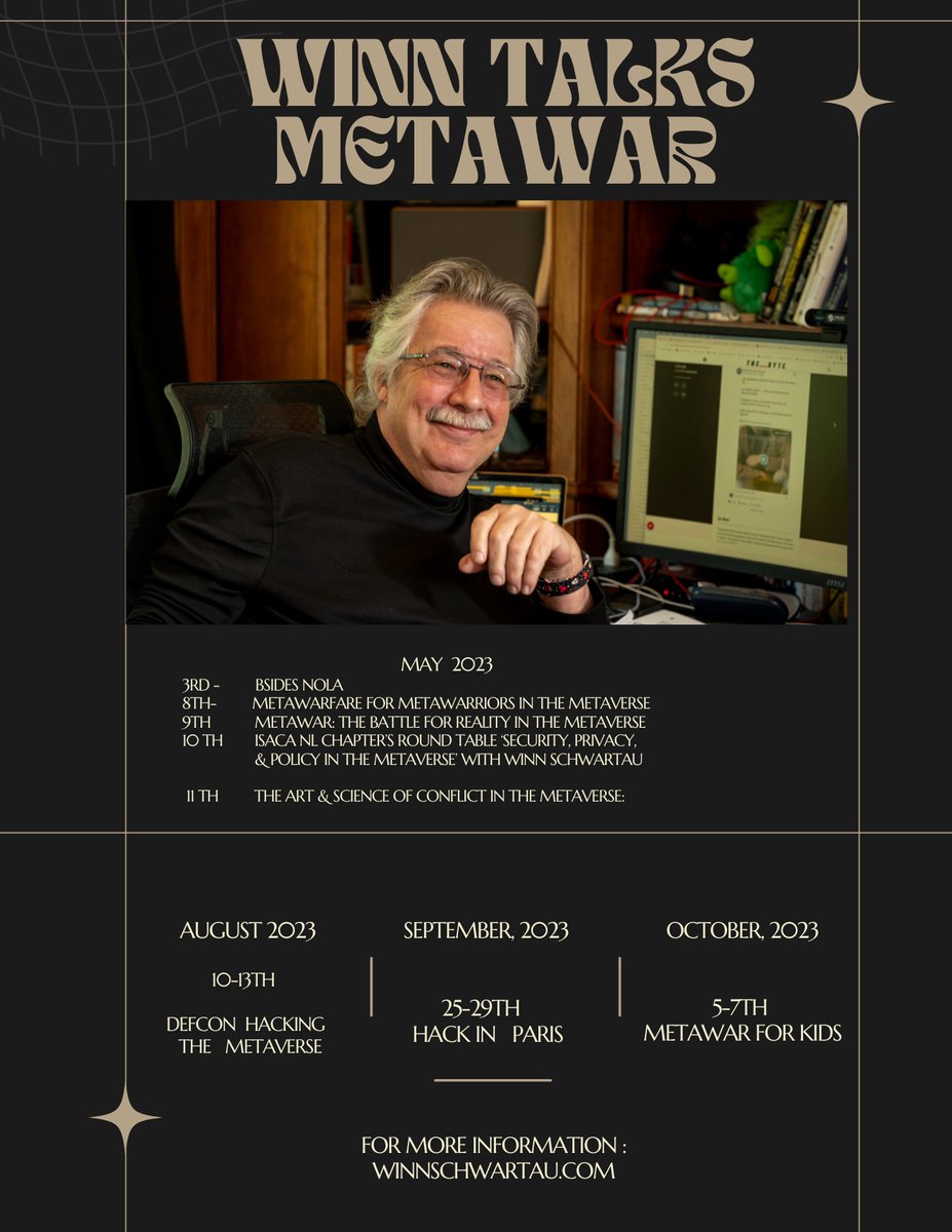 winnschwartau's tweet photo. Winn talks Metawar if you would like to be in the audience at one of these events or you want to stay up to date with all things “Winn” click link in bio.
#defcom31 #lehack #corncon #hackinparis #isaca #nluug
#metaverse #metawar #theartofmetawar #bsidesnola2023 #winnswartau https://t.co/eP4PUN1NU7