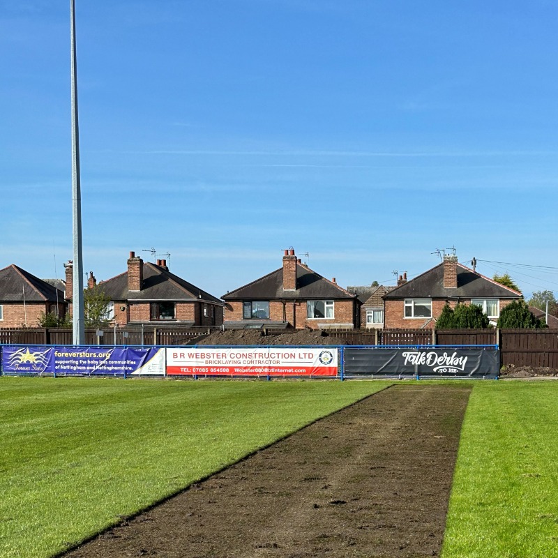 LongEatonUnited's tweet photo. 🏆 With a historic promotion to Step Three secured, preparations for next season are already underway at Grange Park!

🏟️ @jpughlewisltd are hard at work preparing our fabulous stadium pitch 

👷 Construction of our brand-new Community Suite has begun!  

#YouBlues 🔵⚫