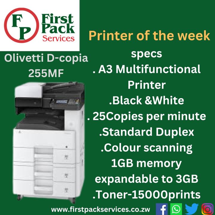 FirstPackServic's tweet image. #Printer of the week ...........Olivetti D-Copia 255 MF #PrintMoreForLess
.A3 Multifunctional Printer
.Black &amp;amp;White
. 25Copies per minute
.Standard Duplex
.Colour scanning
1GB memory expandable to 3GB
.Toner-15000prints
#totalitsolutions First Pack