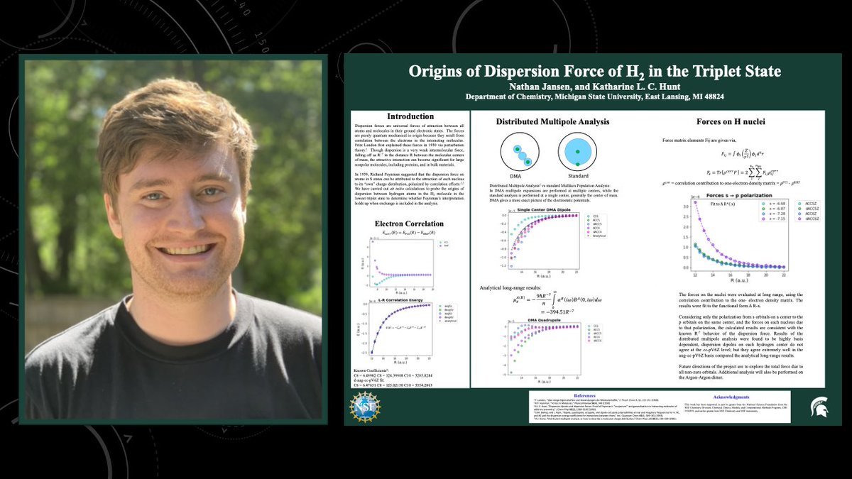 MSUChem's tweet photo. Nathan Jansen from @KatharineLCHunt  lab won Best Poster Presentation last Saturday at the 2023 Graduate Academic Conference!

His poster connected dispersion forces to dispersion induced changes in charge density ⚛️ https://t.co/szkf9WUUp4