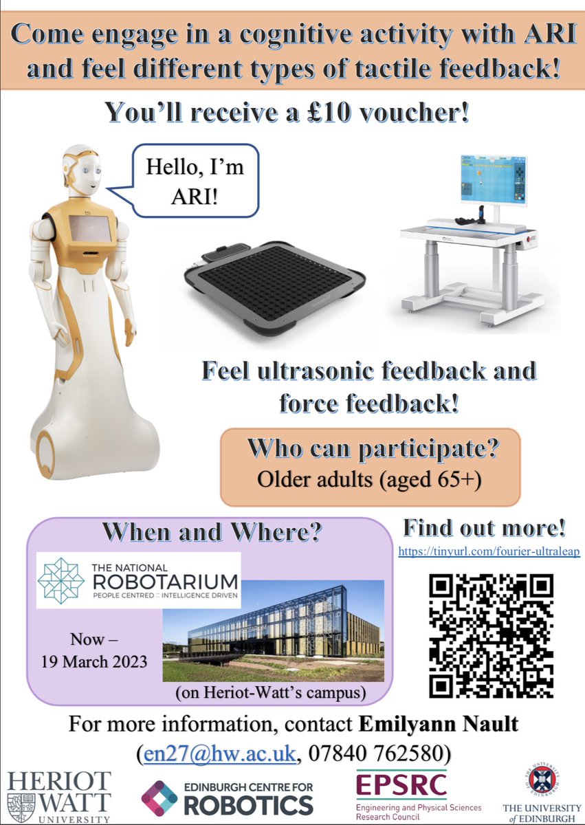We're recruiting #olderadults (65+) to participate in a #robotic study with #haptic feedback at the @NRobotarium from now through 19 March! 🤖

More information can be found here: tinyurl.com/fourier-ultral…

Feel free to email or dm me if interested!

<a href="/EDINrobotics/">Edinburgh Robotics</a> <a href="/TheAgeingLab/">The Ageing Lab</a>