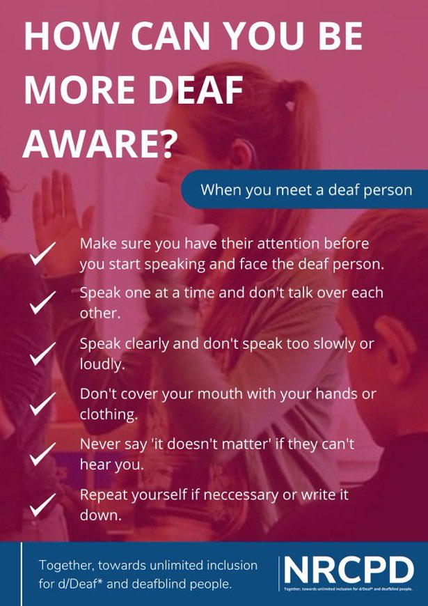 Great tips when communicating with #deaf &amp; #hearingimpaired people, like me. Subtitles/ transcript also helpful. A great tip I use sometimes is, instead of writing, use mobile phone text function to dictate a message &amp; show it to the other person #DeafAwarenessWeek <a href="/CombinedNHS/">CombinedNHS</a>