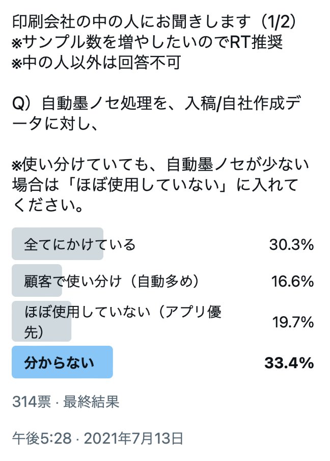 yamo74's tweet photo. 印刷会社側で、アプリの設定に関わらず、
【K100%のオブジェクトを強制的にノセにする処理】
自動墨ノセをどれくらいの会社がやっているかのアンケおいときますね🐸

Illustrator等でこの結果どうなるかの確認はできません。入稿先で行われるデータの改変だから。 https://t.co/N773OTfhjS