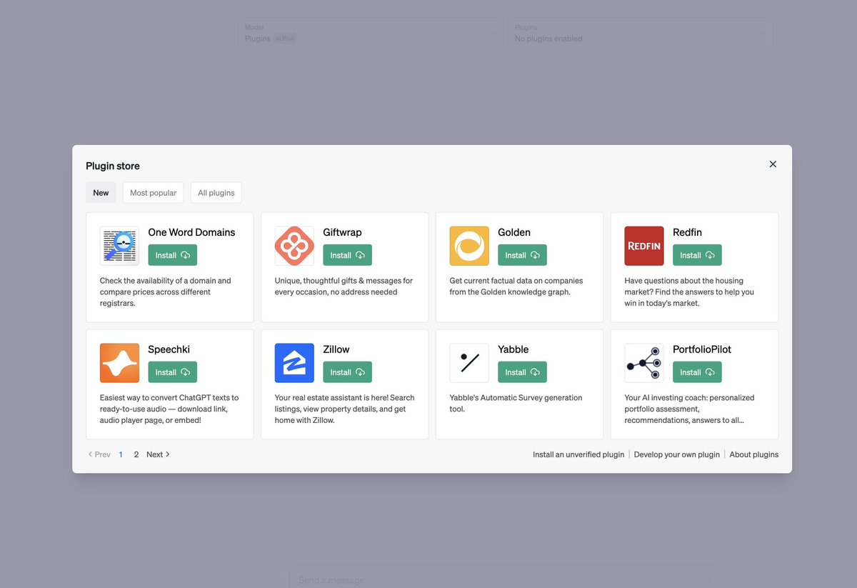 AIDailyGuy's tweet image. 🎉 Welcoming new plugins to the ChatGPT plugin store! 👏
Stay tuned for more plugins, increased access for users & devs - coming soon! 🌟
#ChatGPTPlugins #AIExpansion #DeveloperAccess @ChatGPT