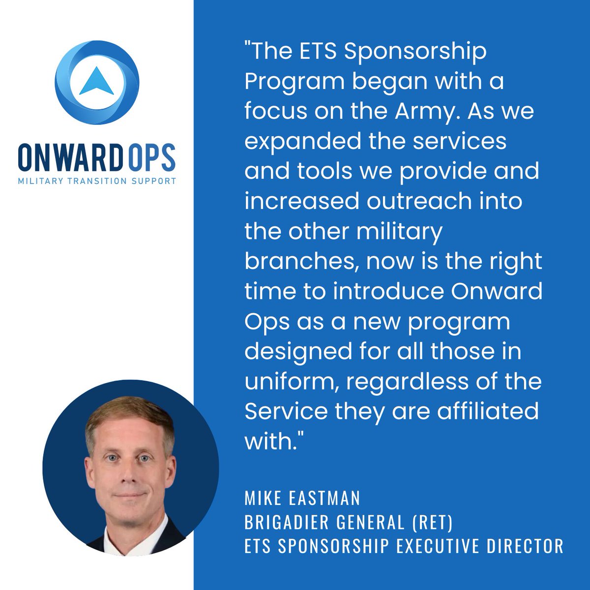 Building on six years of supporting those departing the military, this new program powered by ETS Sponsorship offers best-in-class tools, vetted resources, and mentorship. onwardops.org #onwardops #etssponsorship