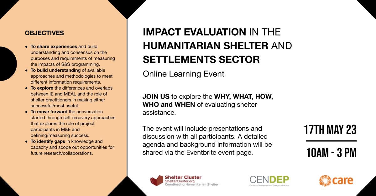 SueWebbUK's tweet photo. 2 weeks today! Don’t forget to register for our learning event on evaluating the impact of #humanitarian #shelter https://t.co/R4FJRWkyb4 https://t.co/8af8JCOux0