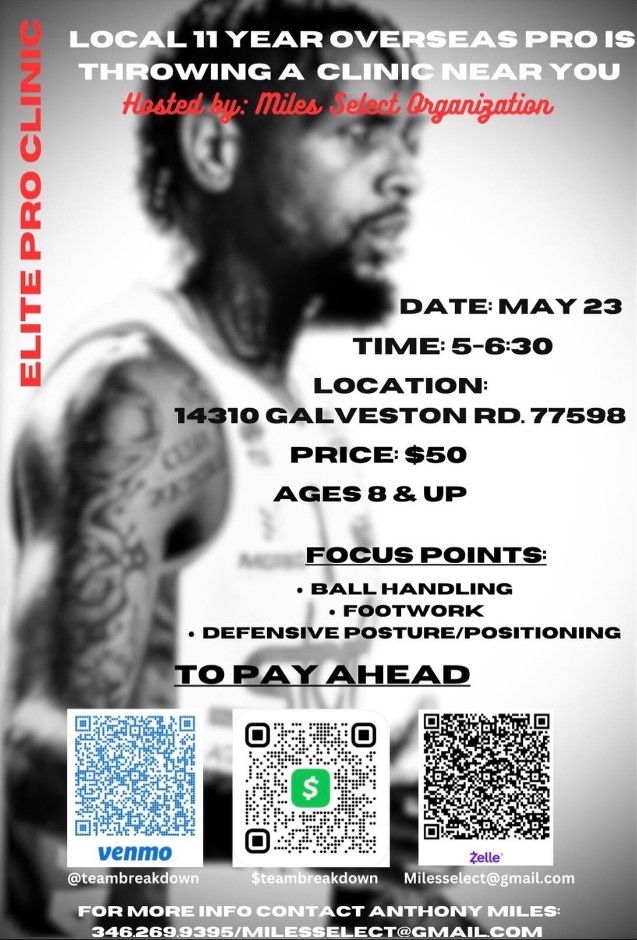 MilesSelect's tweet photo. Miles Select Organization is hosting a skills clinic in a few weeks . Come join us & get some work in .🏀🔥 #MilesSelect #HoustonHoops #TrainWithAPro🏀💪🏽 https://t.co/nKQwbDR9B6