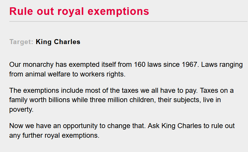 labourlewis's tweet photo. SIGN AND SHARE: Since 1967 the monarchy has exempted itself from over 160 laws. It's time for change.   Ask King Charles to rule out any further royal exemptions➡️https://t.co/ymgQfZmnXd https://t.co/MwtOa2aZuA