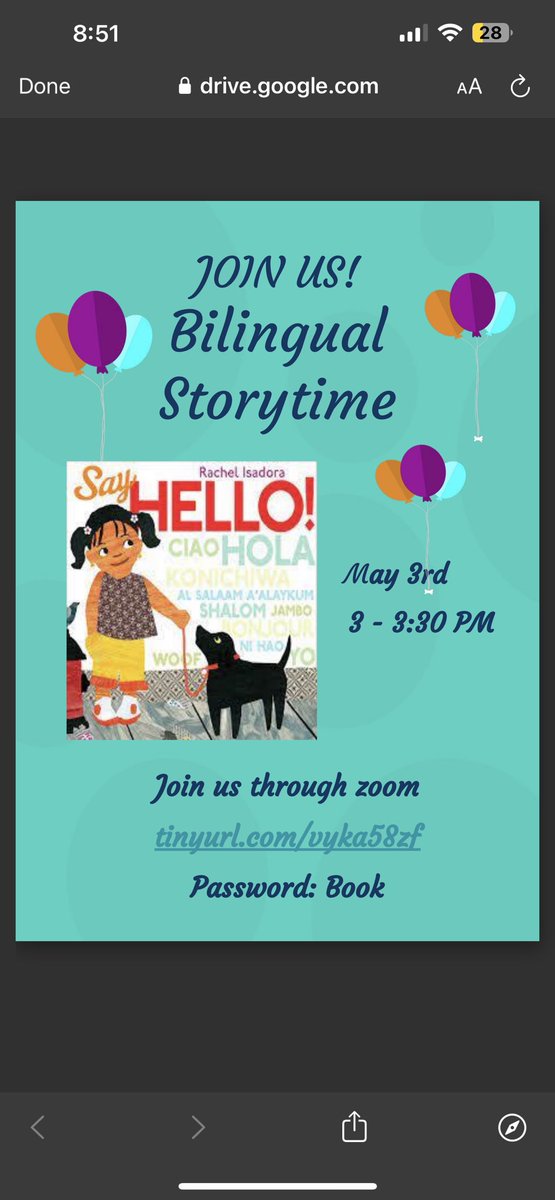 ZoubeidiManal's tweet photo. Bilingual story-time
Join us today for our last bilingual story-time of the school year. We will read the book “Say Hello” a multicultural book that celebrates diversity https://t.co/Eg0i1YxFfr