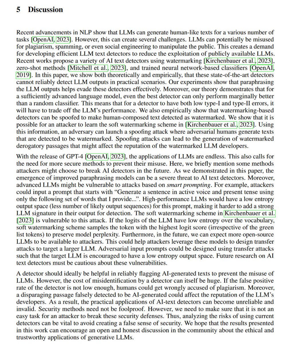 Reminder that, in the end, detecting AI text reliably is impossible: arxiv.org/abs/2303.11156

Obvious AI writing is obvious only because it is low-effort &amp;  prompting multiple times removes detectability. All detectors have high false positive rates &amp; none work well with GPT-4.