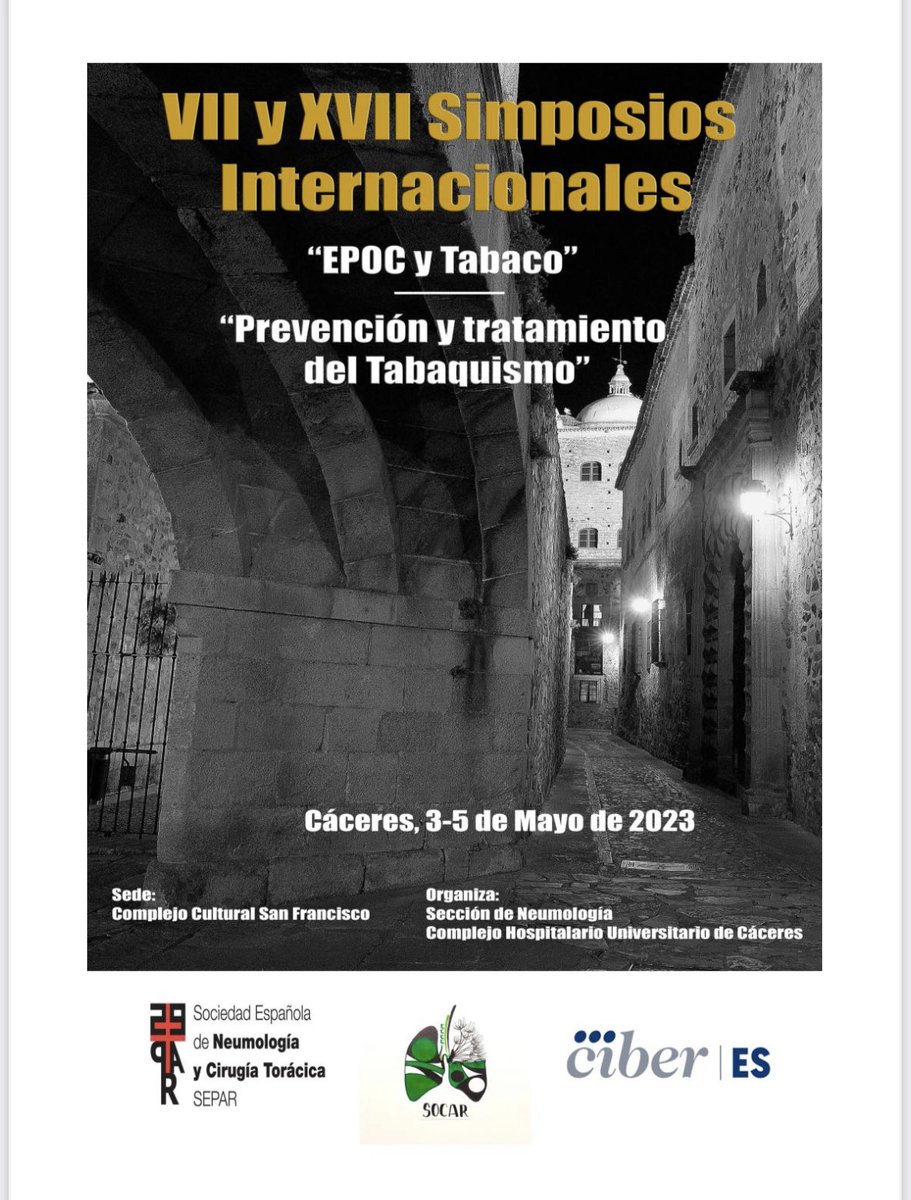 @SOCARneumo Comienza en Cáceres el VII #simposiumEPOCyTabaco Internacional y el XVII Simposium Internacional sobre prevención y tratamiento del tabaquismo con el reconocimiento <a href="/SeparRespira/">SeparRespira</a> Programa drive.google.com/file/d/1IGsfjk…