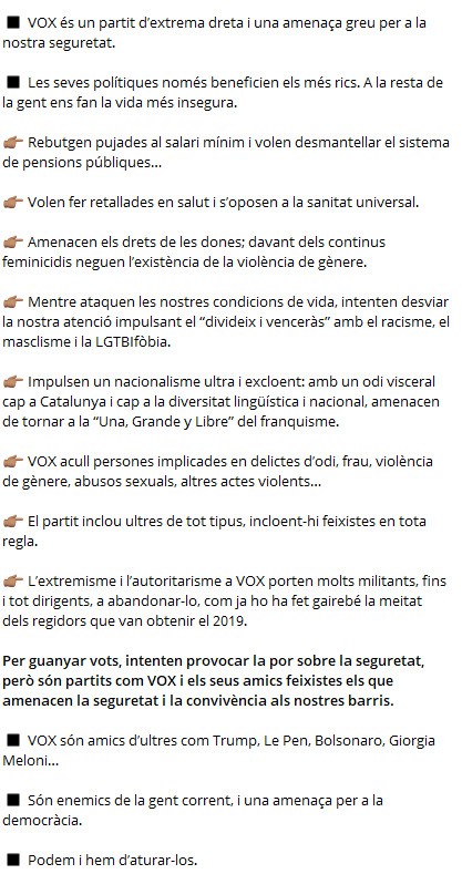 #StopVOX: No et deixis enredar!

<a href="/UCFRcat/">UCFR #StopIslamofòbia #StopVOX</a>  és un moviment en xarxa que aglutina moltíssimes persones i més de 700 entitats molt diverses, en defensa dels drets de les persones i contra l’extrema dreta.

+ info: UCFR.cat/stopvox/