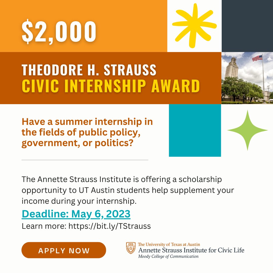 It's not too late! Do you have an internship this summer involving public policy, government, or politics and need a stipend to help cover costs? Apply here: bit.ly/TStrauss