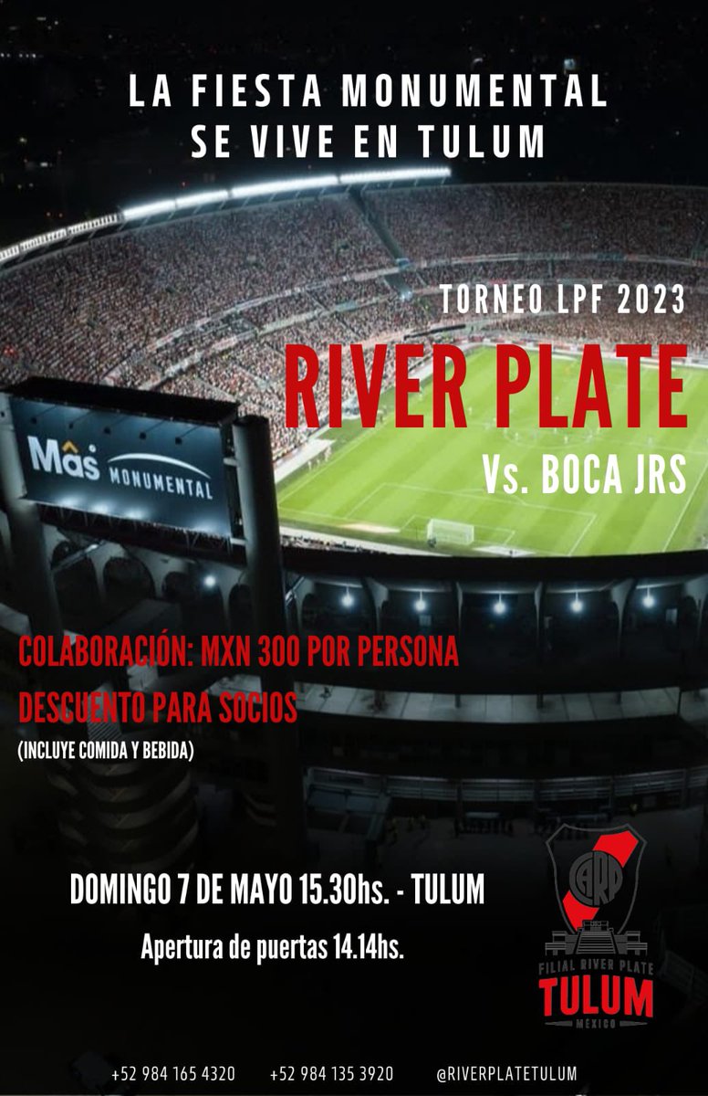 riverplatetulum's tweet photo. River vs Bosta

Domingo 07/05

Hora : 15:30 HS

Apertura: 14:14 HS

Colaboración: $300 MXN 

Descuento para los socios de la Filial River Plate Tulum

Incluye Asado Costillar Choripan Hamburguesas Vegetarianas Bebidas Refrescos Cerveza Ron Vino y Sorpresas! 

River Plate Tulum https://t.co/5nRjRfYvX7