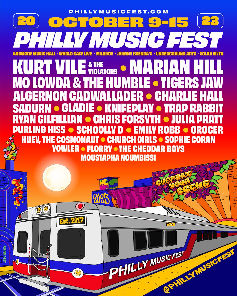 Excited once again to be a part of @PHLMusicFest to host two nights of @KurtVile & The Violators with special guests @Sch00llyD, @PurlingHiss, Emily Robb and @florrymusicband on 10/9 + 10/10! Tickets & two-day passes on sale Friday at 10am >> bit.ly/PMF2023KurtVile