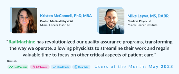 Radformation's tweet photo. This month we're featuring two Users of the Month! Kristen McConnell and Michael Leyva, medical physicists from the Miami Cancer Institute at @BHCancerCare, share their experiences implementing their unique Machine QA routines with #RadMachine. https://t.co/HfSuumTJdD https://t.co/O7lE4sxI7K
