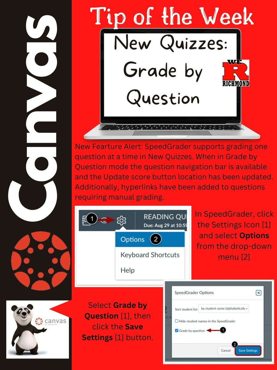 RCSLearn's tweet photo. @RCSLearn Canvas Tip of the Week: New Feature Alert: SpeedGrader supports grading one question at a time in New Quizzes. When in Grade by Question mode the question navigation bar is available and the Update score button location has been updated. #RCSLearn #INCUE #INeLearn https://t.co/Pi6wAHviQo