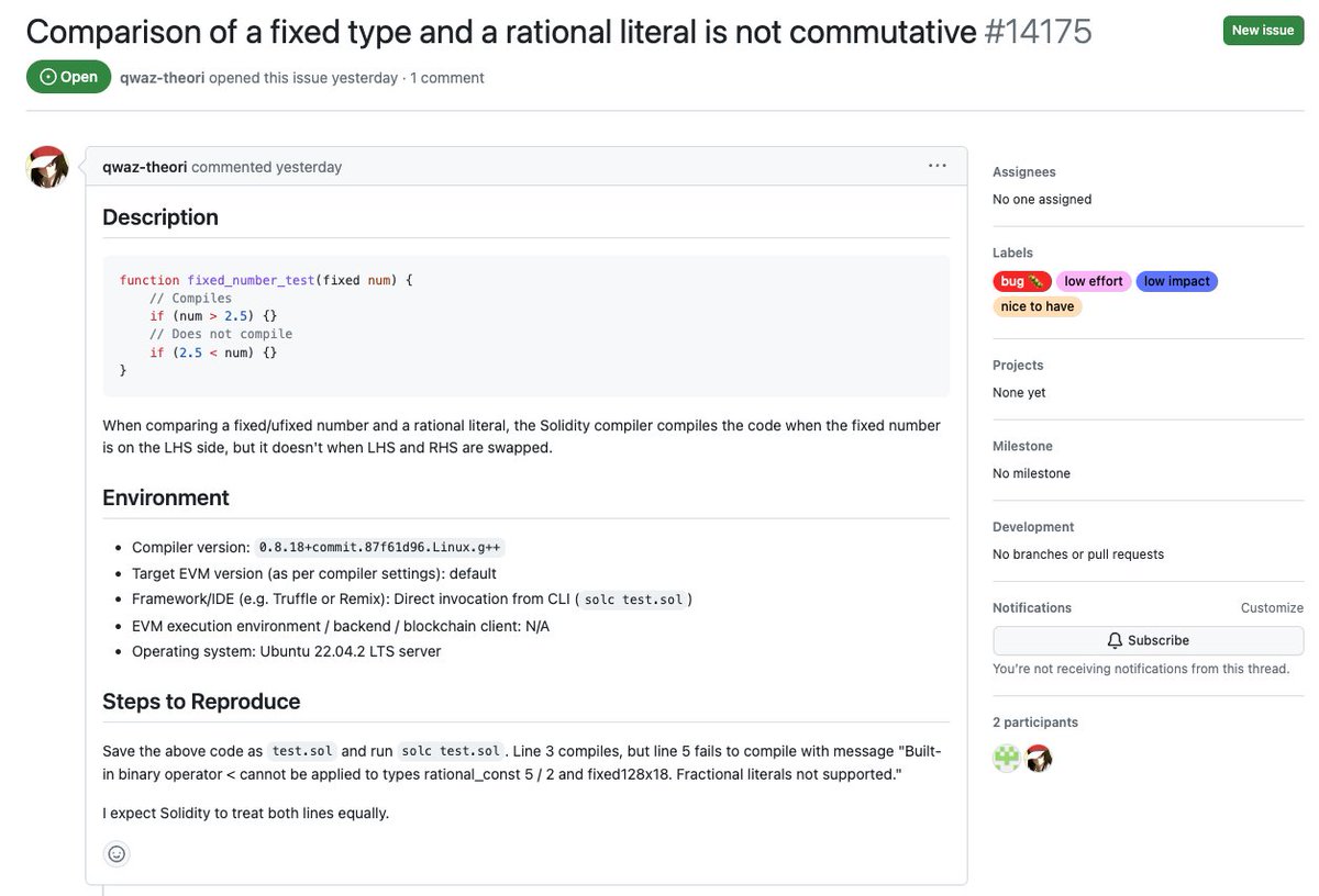 ✌🏻 Did you know "A &lt; B" is not always the same as "B &gt; A" in Solidity?

One of our team members (<a href="/yechan_bae/">Yechan Bae</a>) found a bug in the Solidity language. We're proud to share another piece of evidence that our team pays attention to even the smallest details!

#Ethereum #ETH #Solidity
