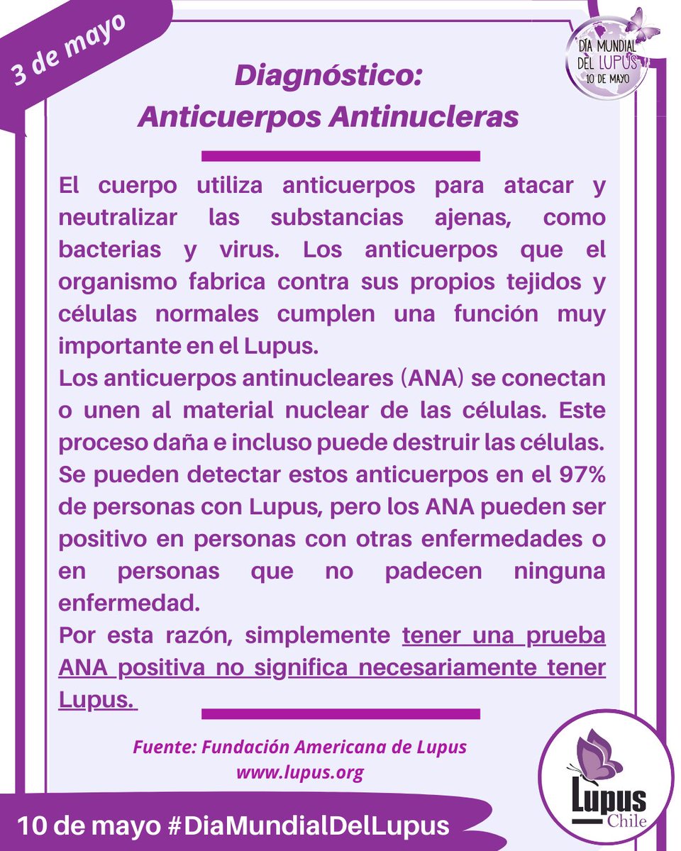 Lupus_Chile's tweet photo. Recuerda  siempre que tener una prueba ANA positiva no significa necesariamente tener Lupus. Es más,  la mayoría de las personas que obtiene un resultado positivo en esta prueba no tiene Lupus.

¿Y tú, has dado positivo a los ANA, o los has tenido siempre negativos?

Dale RT! https://t.co/9aP0EYTDLu