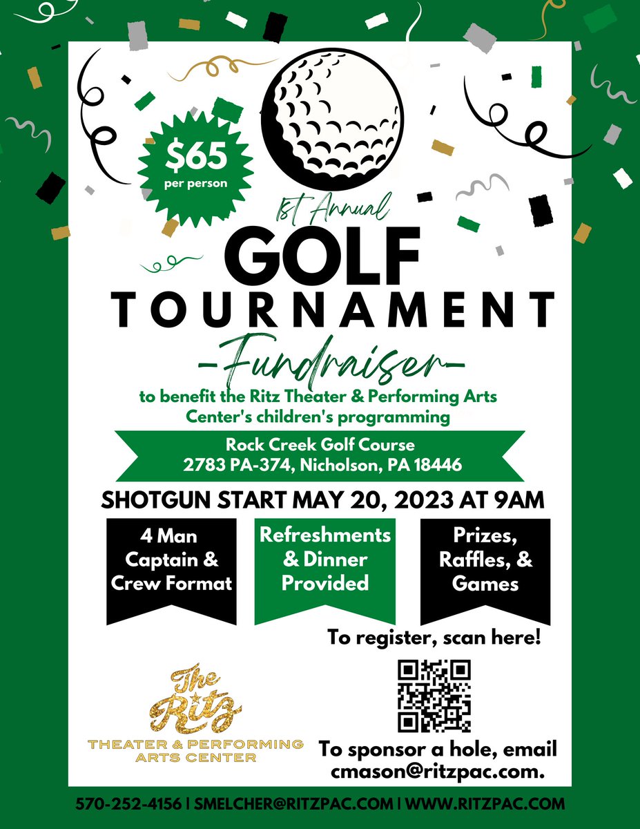 Swing into action and support the arts at our 1st Annual Ritz Theater Golf Tournament Fundraiser!🏌️

Register➡️ ow.ly/Oqms50NRV2x

📍Rock Creek Golf Course, 2783 PA-374, Nicholson, PA 18446
📆 May 20, 2023 @ 9AM-3PM

#theater #fundraiser #golf #supportthearts