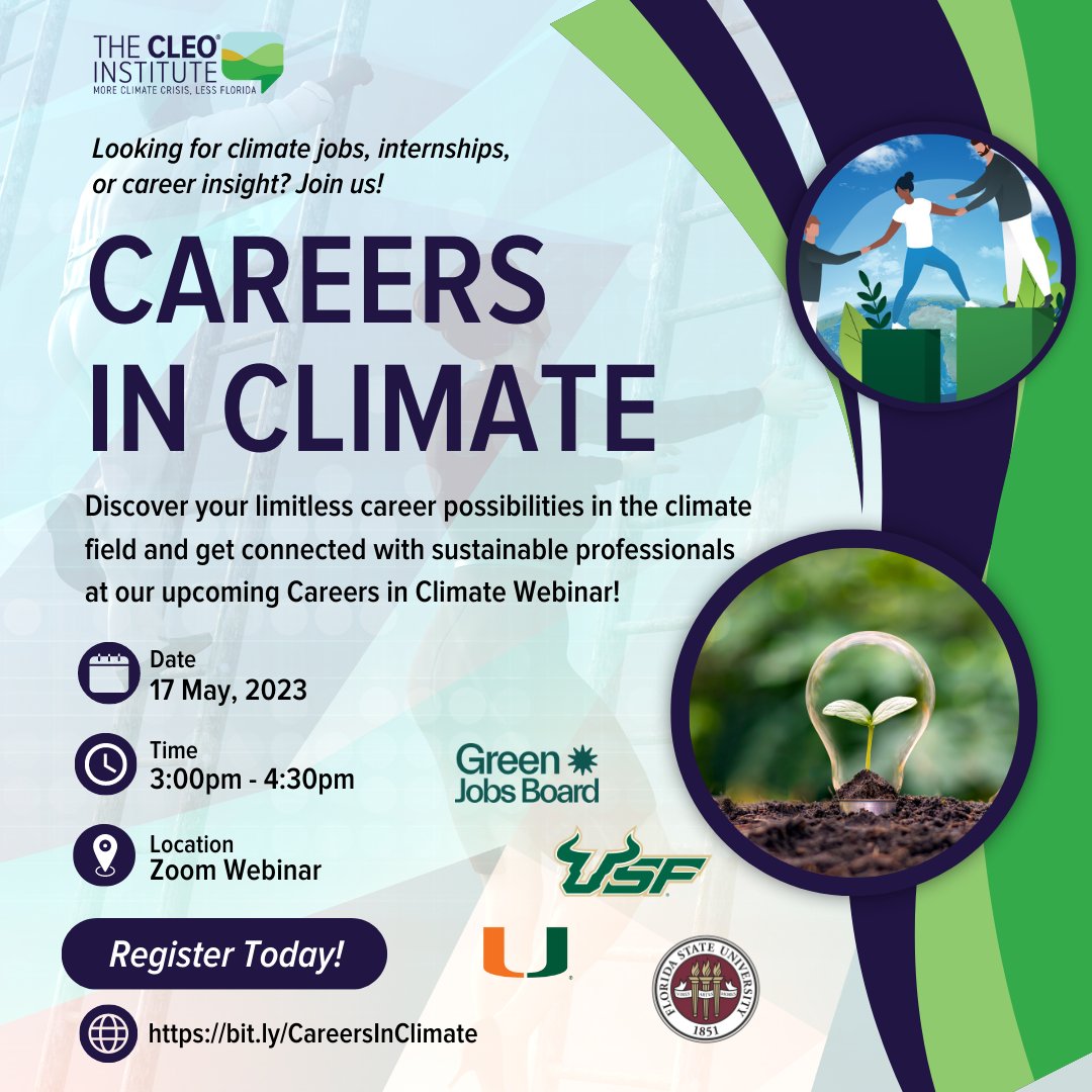 CLEOInstitute's tweet photo. Looking for your next job, internship or the start of your #climate career? Join us for our Careers In Climate Webinar on May 17th at 3 pm.
๐ฏ Register today!
https://t.co/C42mcOpVT4
#GenCLEO #CLEOInstitute #GreenCareers #GoGreen #Climatecommunicators #jobopportunities https://t.co/MGwiBmV8Z6