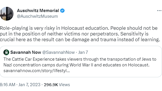 Live Action Roleplay (LARP) is a powerful teaching tool, but it's not one size fits all. Any LARP requires scaffolding in place to make sure the safety of participants is protected, and some LARP topics require more. Thanks to the <a href="/AuschwitzMuseum/">Auschwitz Memorial</a> for the reminder.