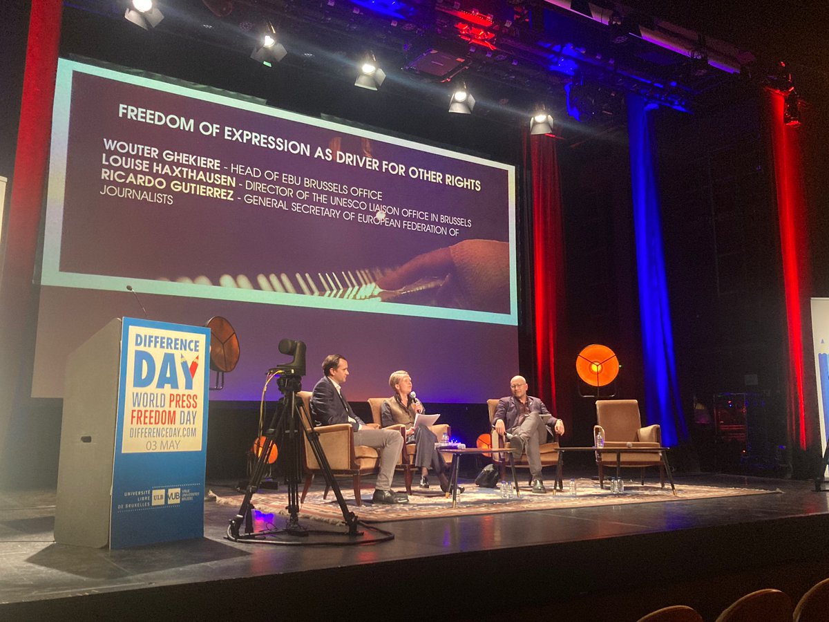 UNESCOEU's tweet photo. On the occasion of #WorldPressFreedomDay and #HumanRights75, @UNESCOEU Director Louise Haxthausen took part in a panel on “#FreedomOfExpression as a driver for other rights” at the #DifferenceDay Conference alongside Wouter Gekiere (@EBU_HQ) and Ricardo Gutiérrez (@EFJEUROPE). https://t.co/Ie5RZG2nTn