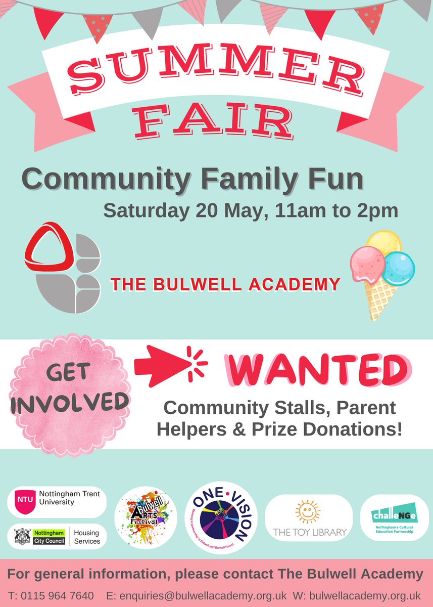 Just 11 days to #bulwellsummerfair. Would you like to get involved? We are looking for parent helpers, prize donations and community stalls. Please share with local businesses or charities who you think would be interested. Click the link to find out more! forms.office.com/e/CHF10vAUnv