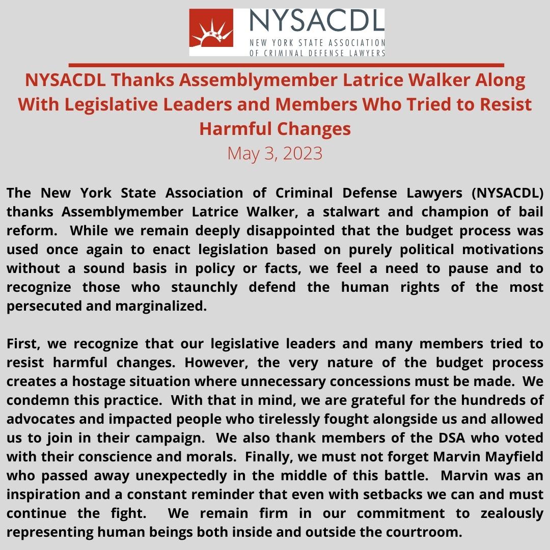 NYSACDL's tweet photo. A moment to pause &amp; recognize: NYSACDL thanks @TheRealLatriceW a stalwart &amp; champion of bail reform.

We recognize leaders &amp; members who tried to resist harmful changes.

We can't forget Marvin Mayfield who passed away in the middle of this battle. 

More: https://t.co/Q59ZaMLMEK https://t.co/dFDFt0DL6M