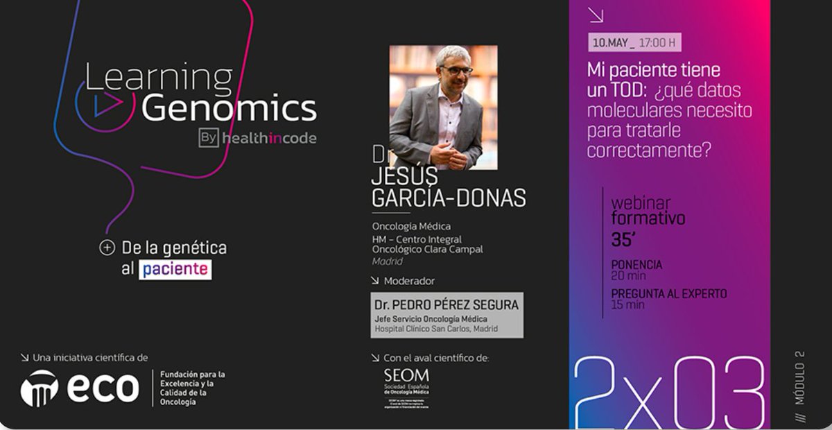 Fundación ECO (@fundacioneco) on Twitter photo 🗓10/05 Learning Genomics
🩺Dr. <a href="/jgarciadonas/">Jesus Garcia-Donas</a>: Mi paciente tiene un #TOD ¿Qué datos moleculares necesito para tratarle correctamente?
Modera el Dr. <a href="/perezsegura09/">Pedro Perez Segura</a>
¡No te lo pierdas!
acortar.link/5Rrs8O 🗓10/05 Learning Genomics
🩺Dr. <a href="/jgarciadonas/">Jesus Garcia-Donas</a>: Mi paciente tiene un #TOD ¿Qué datos moleculares necesito para tratarle correctamente?
Modera el Dr. <a href="/perezsegura09/">Pedro Perez Segura</a>
¡No te lo pierdas!
acortar.link/5Rrs8O