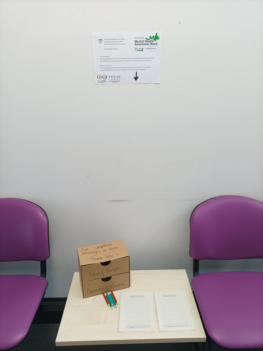 During the month of May we are asking young people and their parents/carers that are accessing CAMHS to leave a positive message for future YP that will be supported by the service. These can be found at our 3 bases when you're in for an appointment ☺️
#ToHelpMyAnxiety