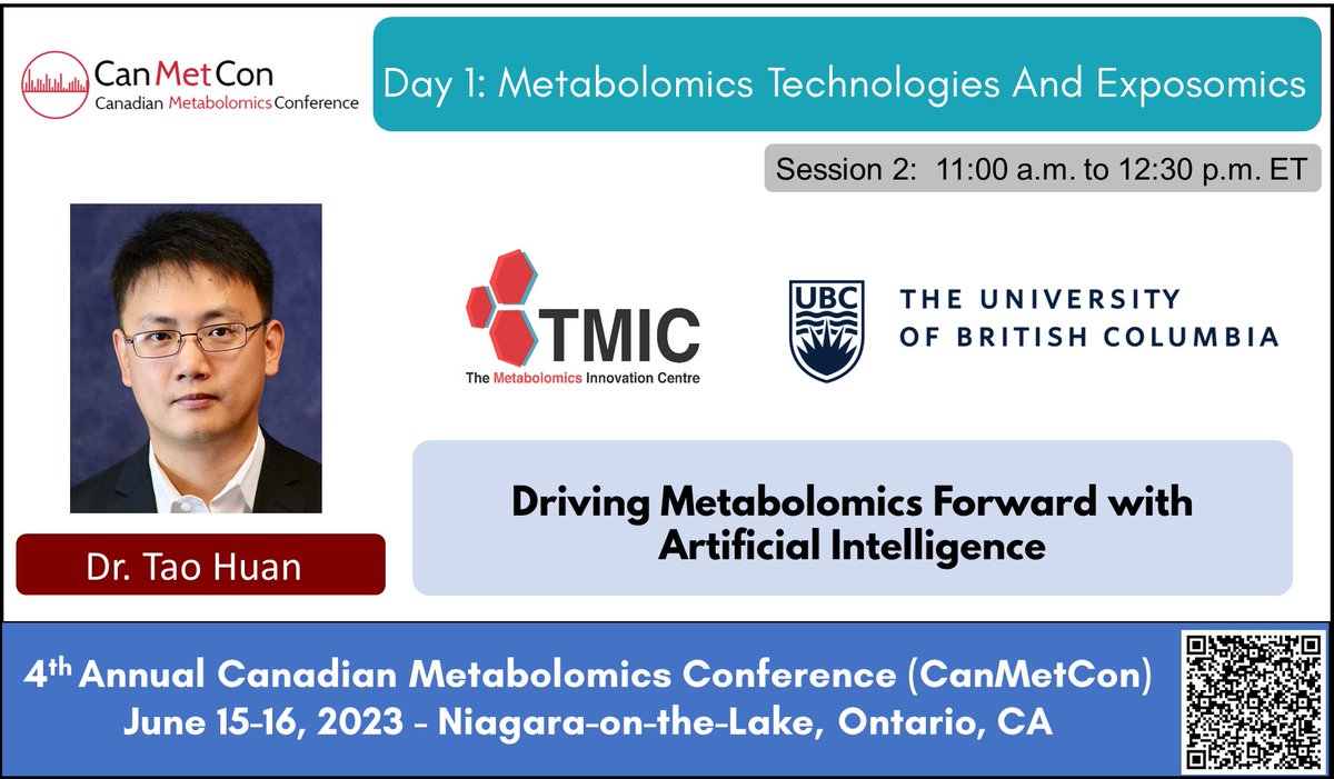 Dr. Huan will also join us at this #exposomics themed #Canmetcon2023 conference in Niagara-on-the-Lake. He will deliver 'Driving #Metabolomics Forward with #ArtificialIntelligence'. Visit canmetcon.com for a complete agenda! #multiomics #lipidomics #AI #bioinformatics