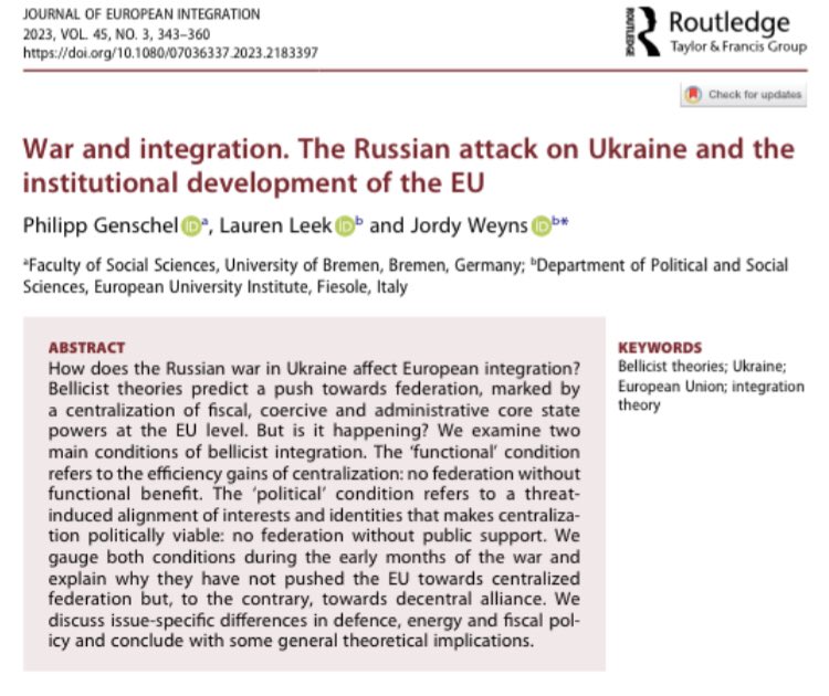 Happy to see our paper out in a @JEI_Publication special issue brought together by @m_orenstein! Philipp Genschel, @leek_lauren, and I investigated whether war has led to centralisation for Europe after the invasion of Ukraine.