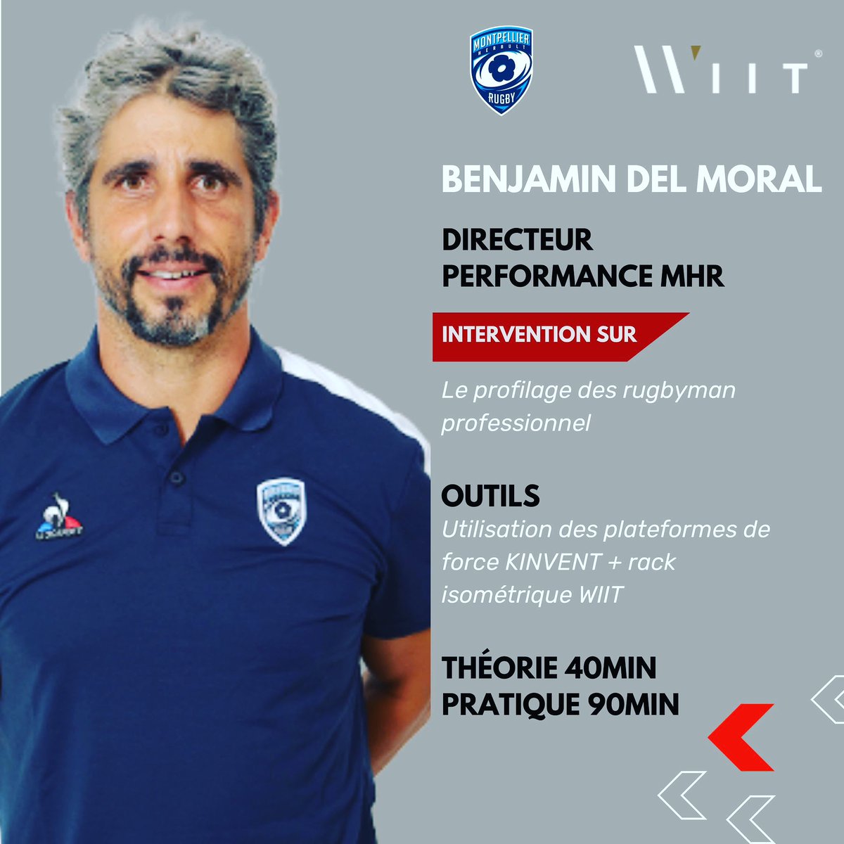 Intervention le samedi 13 mai 2023 sur le profilage des qualités physiques du rugbyman professionnel - focus sur les composantes neuro-musculaires avec le partenaire du MHR : <a href="/KinventOfficiel/">KINVENT</a> et les équipements <a href="/WIITraining/">WIITraining</a>