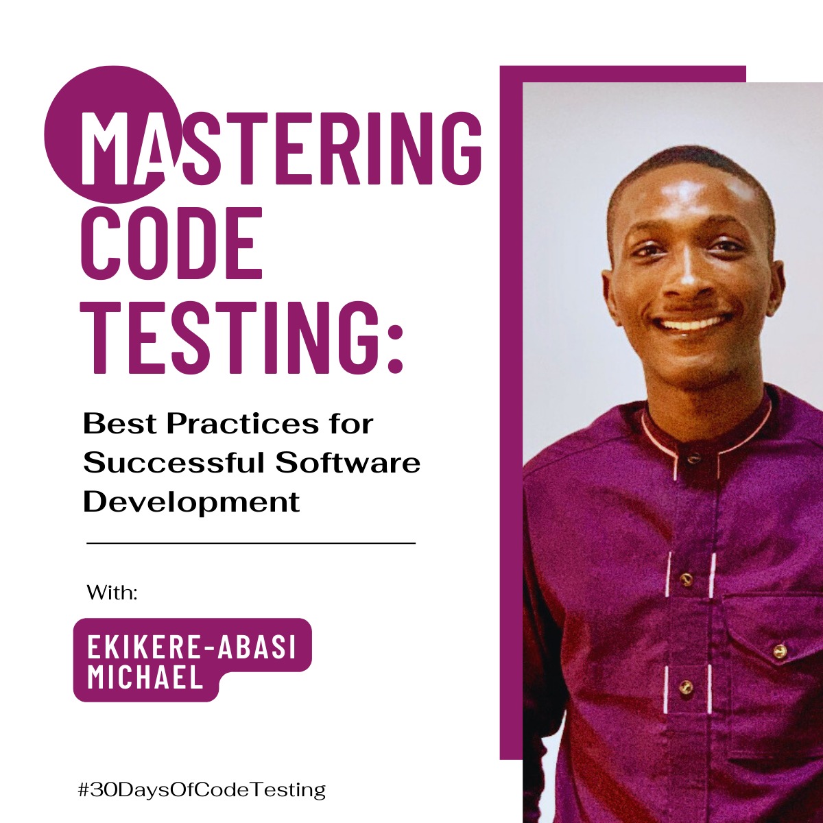 Join me in #30DaysOfCodeTesting to master the art of code testing! 🚀 Improve code quality, catch bugs and errors, and create reliable software that meets end-users' needs. Let's make code testing a habit and ensure success in our software development process. #CodeTesting