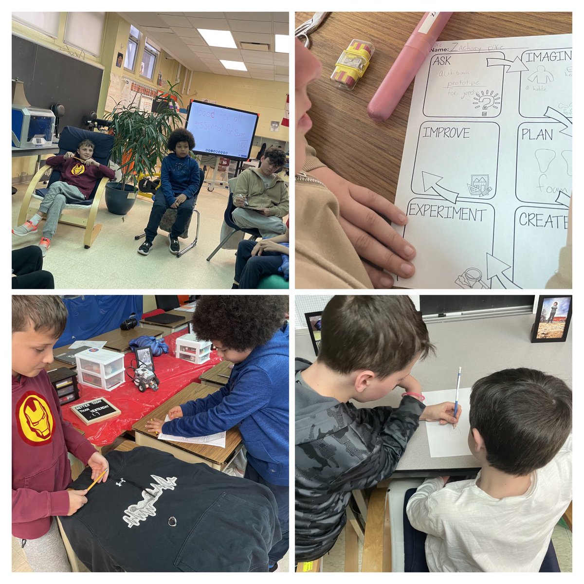 Designing a sensory hoodie. Imagining how we can add noise cancelling foam to the hood, building in a fidget ring, a light shield etc. The team has put their brains together and the design process is well underway!
