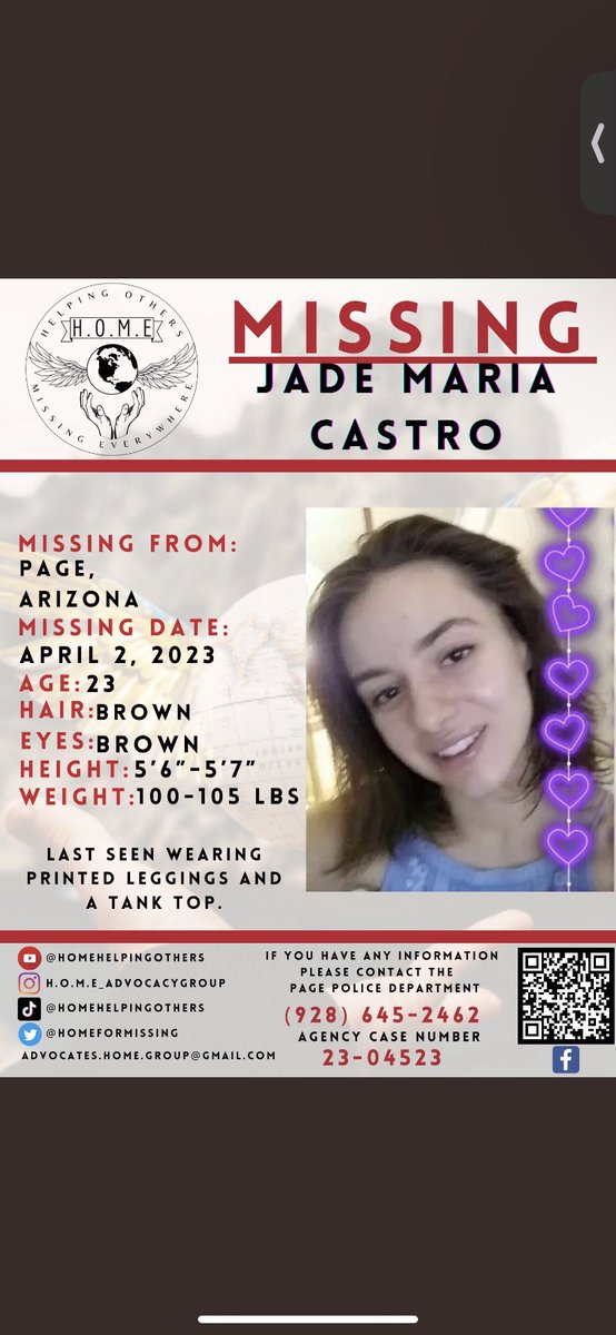 JADE MARIA CASTRO, #MISSING FROM PAGE #ARIZONA. 
LAST SEEN WEARING LEGGINGS AND A TANK TOP. 
23 YEARS OLD, BROWN HAIR, BROWN EYES. 

CONTACT PAGE POLICE DEPARTMENT AT 928-645-2462 
CASE NUMBER 23-04523

SHARE ON ALL PLATFORMS.
#MISSINGPERSON #MISSINGINARIZONA #TRUECRIME #FINDME