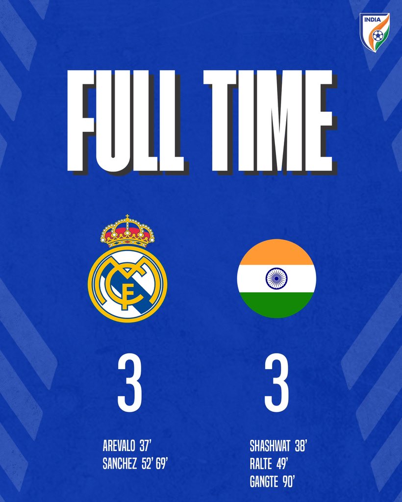 IndianFootball's tweet photo. FULL-TIME! An interesting encounter ends in a draw tonight 🙌🏼

RMA 3-3 IND 

#RMAIND ⚔️ #BackTheBlue 💙 #IndianFootball ⚽️ https://t.co/twTIozAPbX