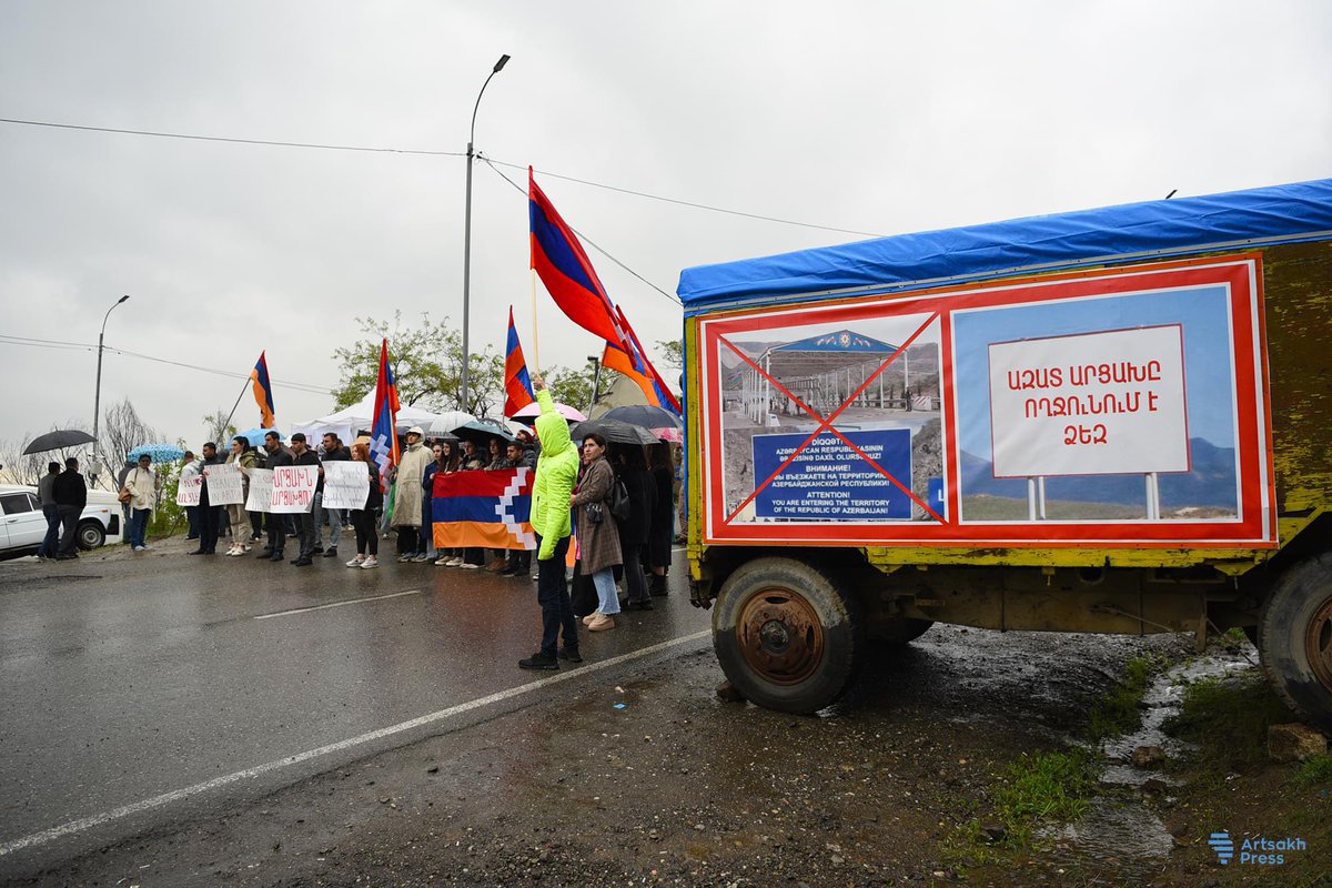 aghavalyan's tweet photo. A group of youth holding a protest action against the Azerbaijani illegal checkpoint in the Lachin Corridor

The sign says ‘We will not pass through it.’ 

People in Nagorno-Karabakh have been cut off from the rest of the world for 5 months already. https://t.co/IaTibbmfph