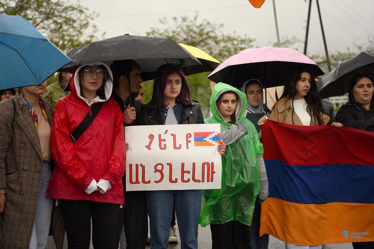 aghavalyan's tweet photo. A group of youth holding a protest action against the Azerbaijani illegal checkpoint in the Lachin Corridor

The sign says ‘We will not pass through it.’ 

People in Nagorno-Karabakh have been cut off from the rest of the world for 5 months already. https://t.co/IaTibbmfph