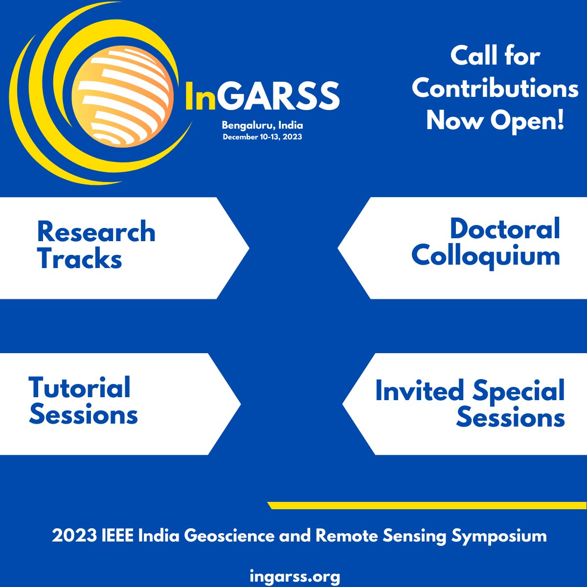 ieeegrss_blr's tweet image. IEEE GRSS Bangalore Section is proud to host the India Geoscience &amp;amp; Remote Sensing Symposium (InGARSS) on December 10-13, 2023 at the International Institute of Information Technology (IIITB). Call for contributions is now open.Visit ingarss.org for more details