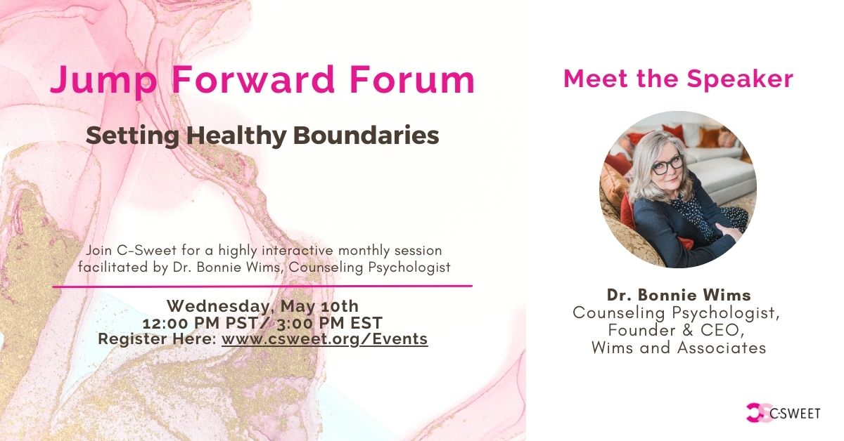 CSweetExecs's tweet photo. This month's Jump Forward Forum by Dr. Bonnie Wims PsyD will be about Setting Healthy Boundaries. Join us  next Wednesday, May 10th at 12:00pm PST/ 3:00 pm EST and find out what mental barriers prevent you from respecting your own time first. 

https://t.co/R6ZOjIWy2Q https://t.co/5zdlreJ2d6