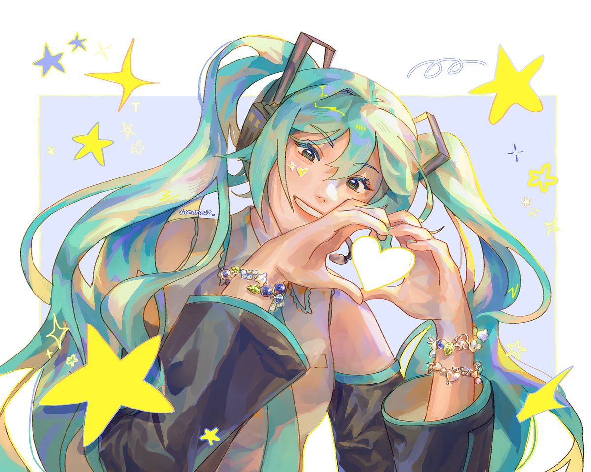 hatsune miku 1girl heart hands solo heart twintails long hair detached sleeves  illustration images