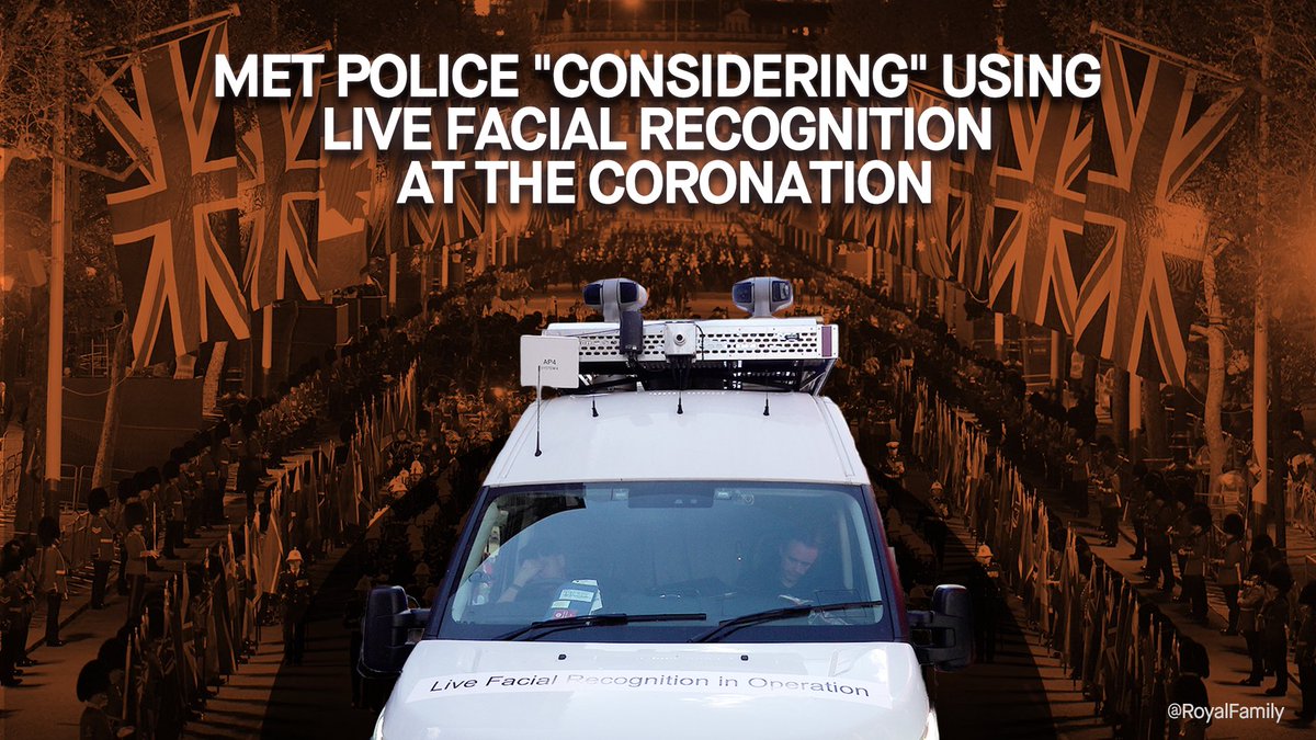 The <a href="/metpoliceuk/">Metropolitan Police</a> is testing public opinion, announcing today they’re “considering” deploying live facial recognition surveillance around the Coronation.

Welcome to Britain, a nation of suspects.

Quick note on Met claims (tiny 🧵)