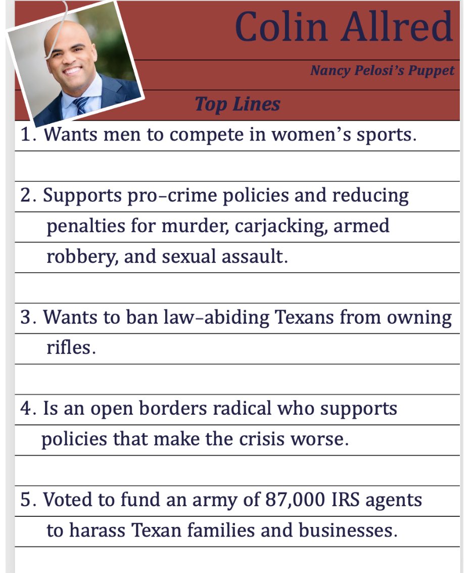 StevenDialFox4's tweet photo. Sen. @tedcruz campaign response . “Not only does Colin Allred vote with Nancy Pelosi 100% of the time, but his voting record is completely out-of-touch with Texas. Allred wants men to compete in women’s sports, isn’t serious about addressing the crisis at the border…” @FOX4 https://t.co/bwmxq3R8nW