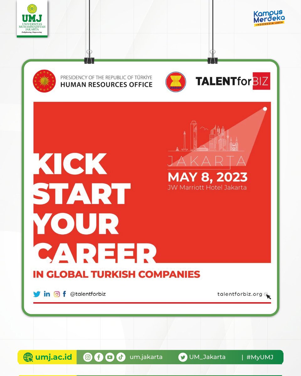 Hai Generasi Unggul 👋
Global Turkish Company akan mengadakan jobfair yang akan dihadiri oleh lebih dari 10 perusahaan 
Yuk handiri dan ikuti catat tanggalnya yah
8 Mei 2023 di JW Marriott Jakarta 
.
#umjunggul #kuliahdiumj #banggakuliahdiumj #kampusislami #muhammadiyah #MyUMJ